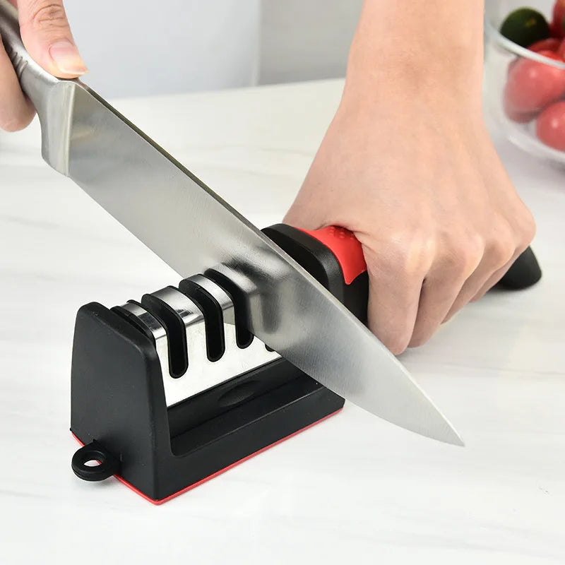 Afilador de cuchillos de cocina de 4 segmentos, multifuncional, portátil, con piedra de afilar negra de tres usos.