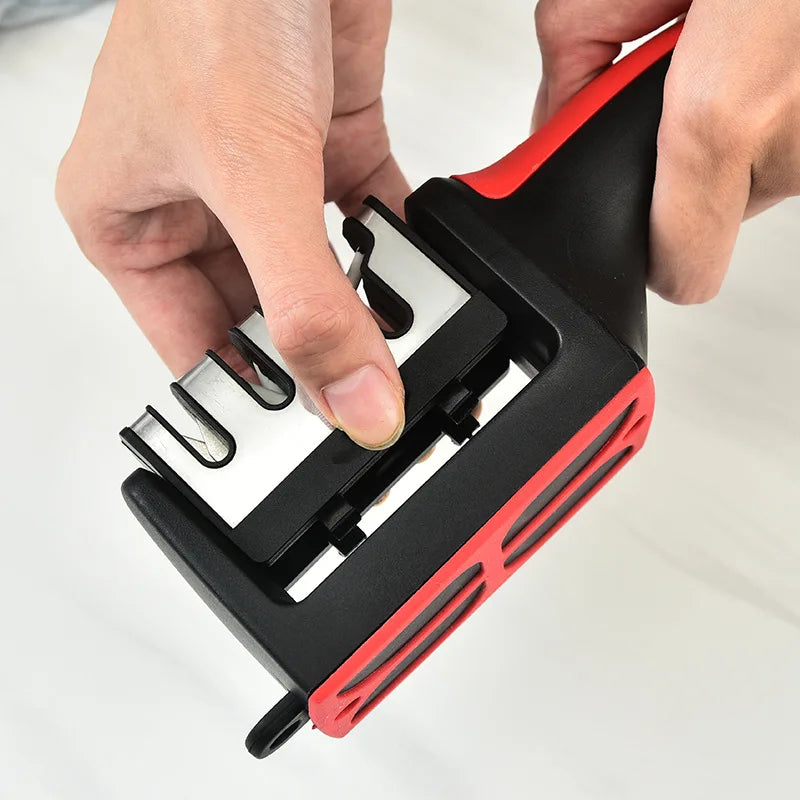 Afilador de cuchillos de cocina de 4 segmentos, multifuncional, portátil, con piedra de afilar negra de tres usos.