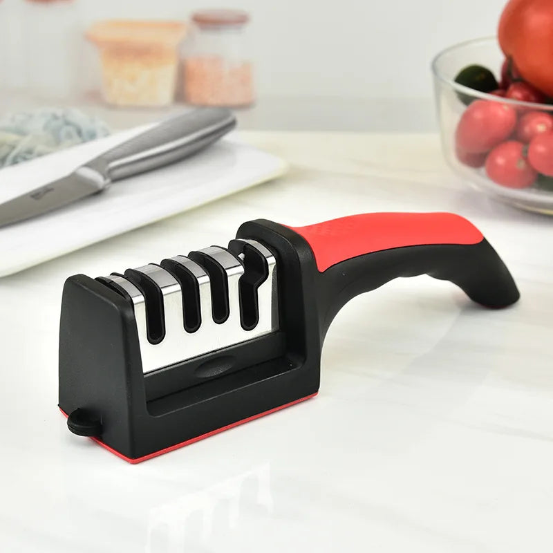 Afilador de cuchillos de cocina de 4 segmentos, multifuncional, portátil, con piedra de afilar negra de tres usos.