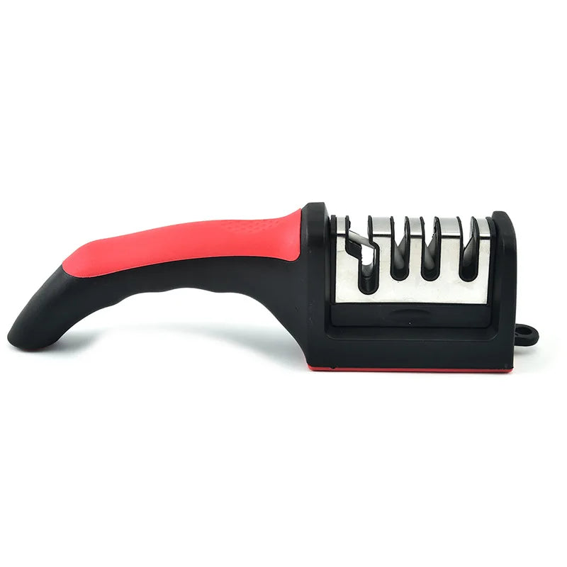Afilador de cuchillos de cocina de 4 segmentos, multifuncional, portátil, con piedra de afilar negra de tres usos.