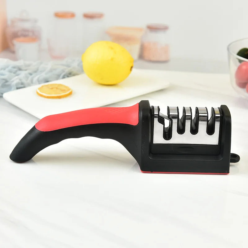 Afilador de cuchillos de cocina de 4 segmentos, multifuncional, portátil, con piedra de afilar negra de tres usos.
